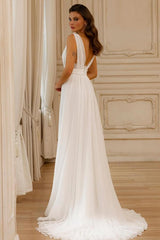 A-Line V-Neck Sleeveless Open Back Wedding Dresses with Tulle Court Train