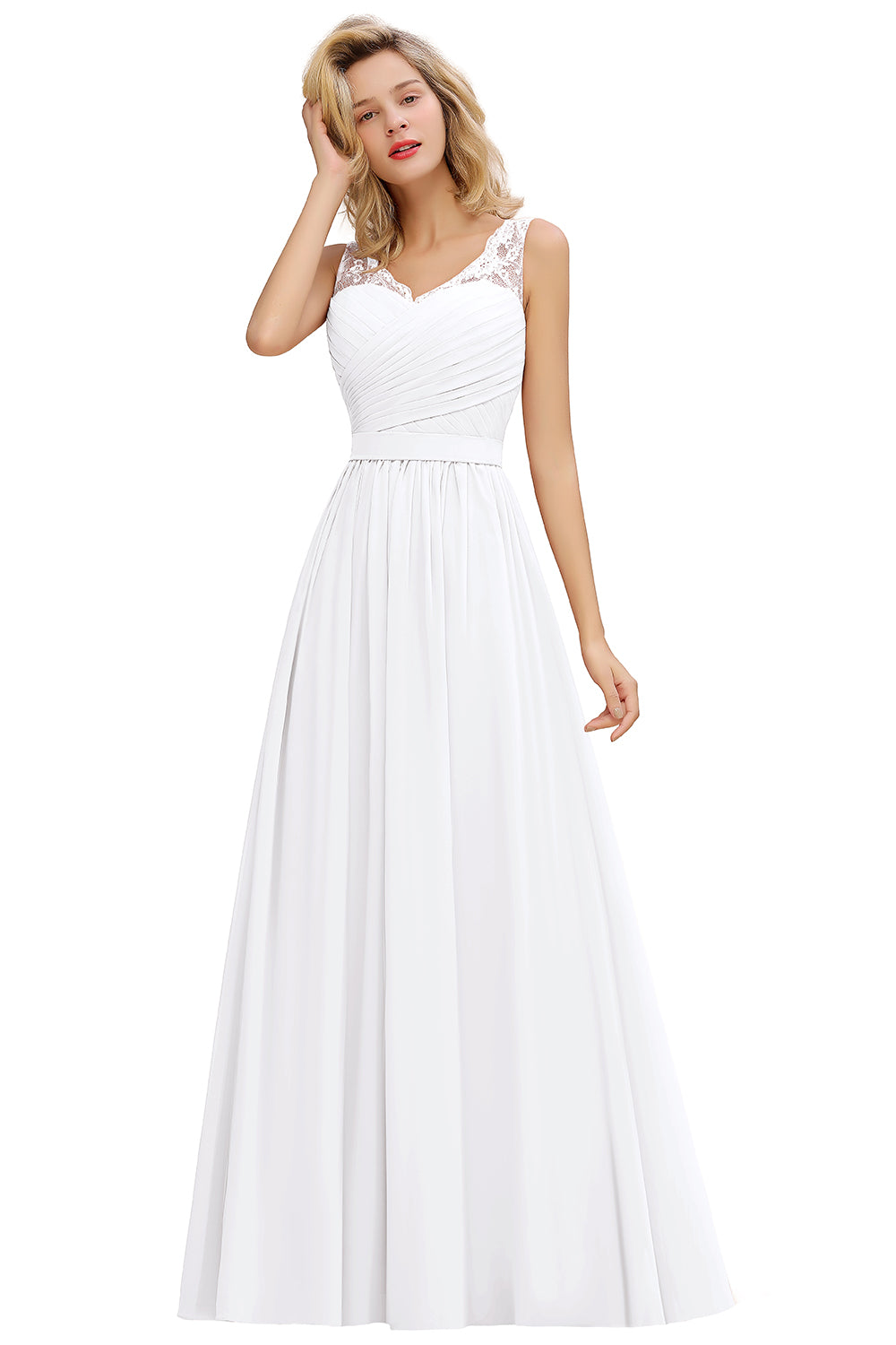 Long A line V-neck Ruffle Sleeveless Chiffon Bridesmaid Dress