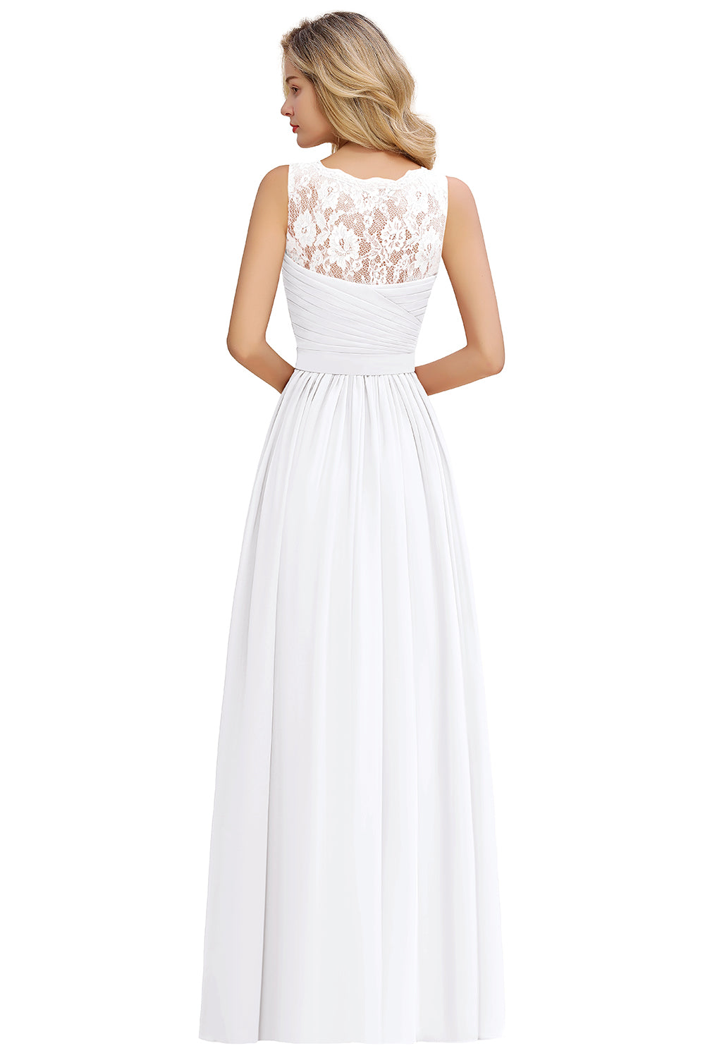 Long A line V-neck Ruffle Sleeveless Chiffon Bridesmaid Dress