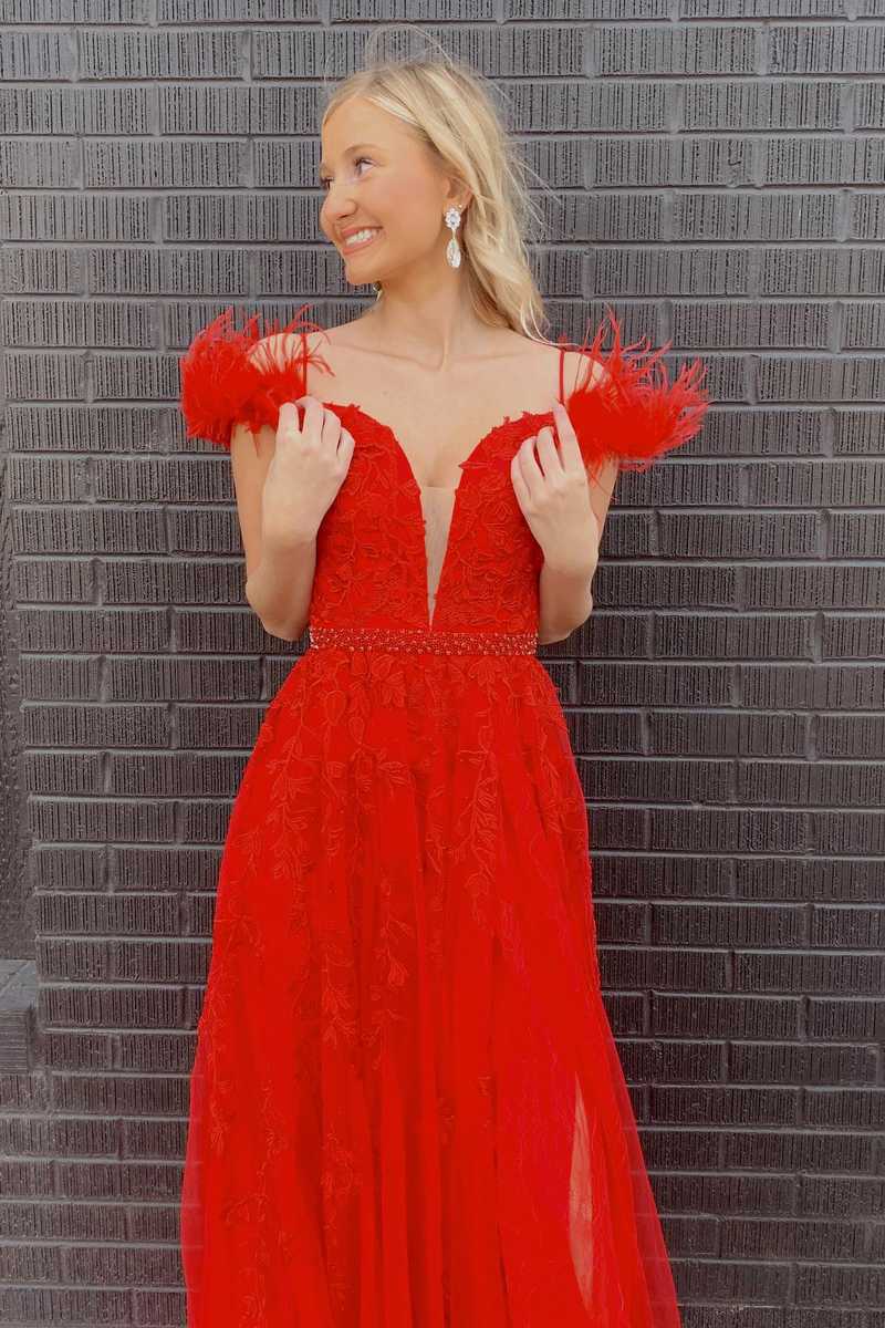 A-Line Appliques Red Feathers Long Party Dress