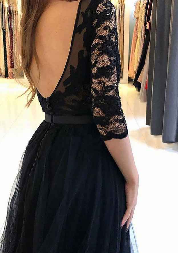 A-line Bateau 3/4 Sleeve Prom Dress With Appliqued Sweep Train Tulle-27dress