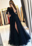 A-line Bateau 3/4 Sleeve Prom Dress With Appliqued Sweep Train Tulle-27dress