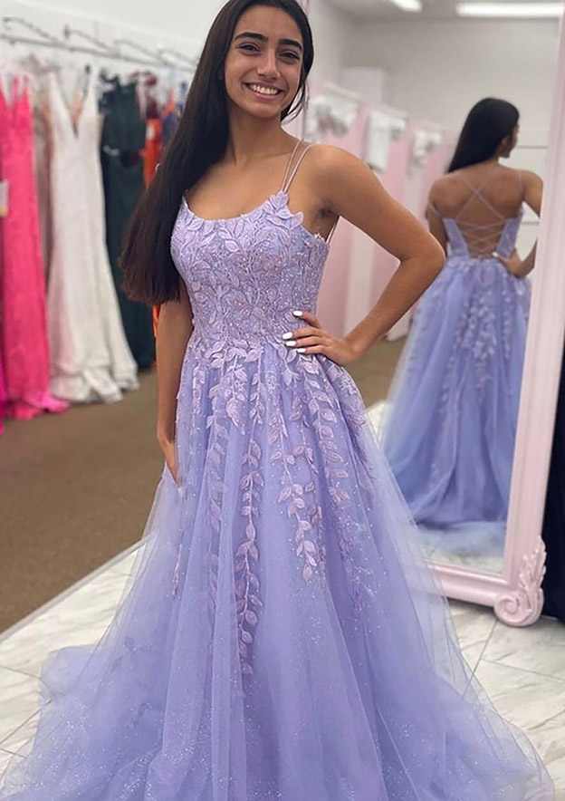 A-line Bateau Court Train Tulle Glitter Prom Dress With Appliqued Beading-27dress