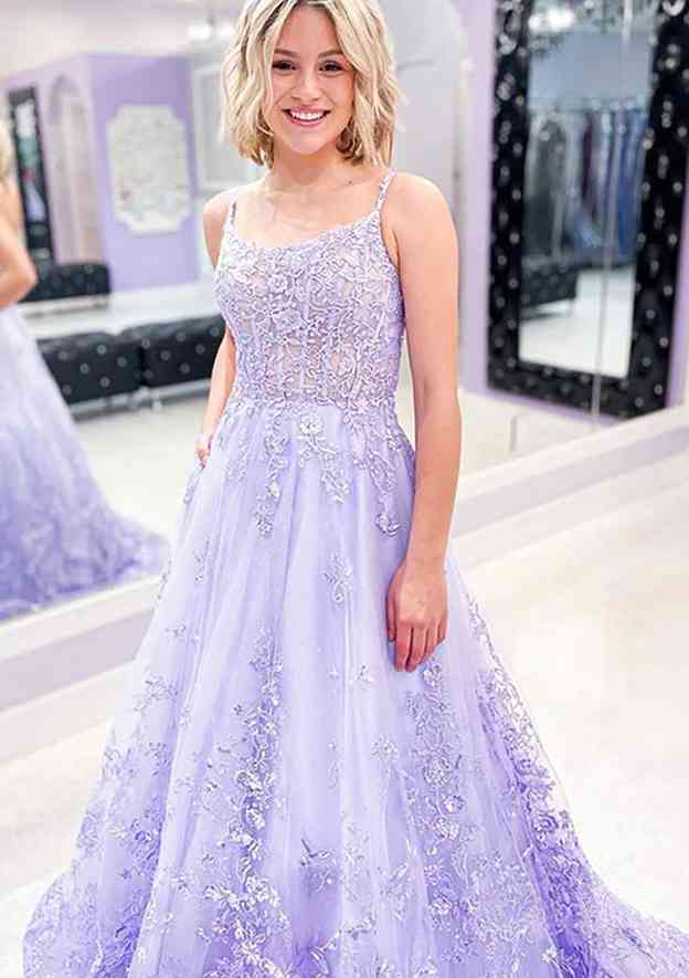 A-Line Bateau Sleeveless Lace Tulle Prom Dress With Beading Glitter and Pockets-27dress