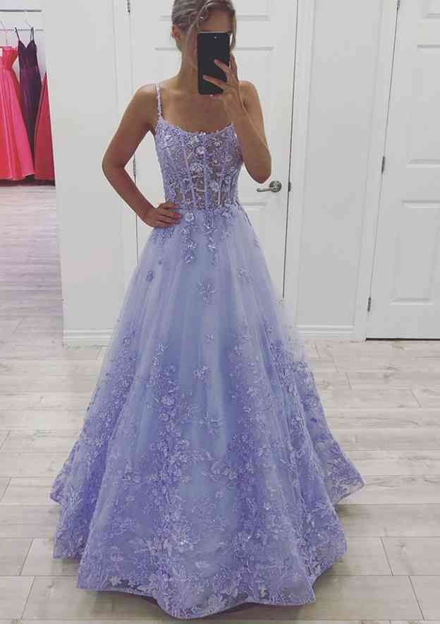 A-Line Bateau Sleeveless Lace Tulle Prom Dress With Beading Glitter and Pockets-27dress