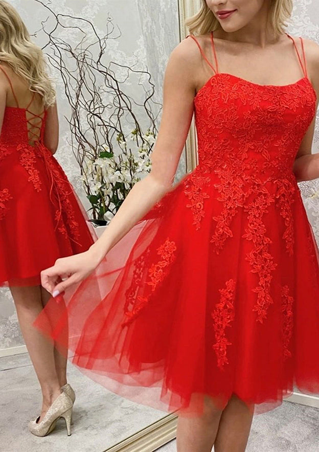 A-Line Bateau Sleeveless Lace Tulle Short/Mini Homecoming Dress with Beading-27dress