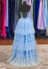 A-line Bateau Sleeveless Prom Dress with Appliqued Beading Ruffles and Tulle Long/Floor-Length Skirt-27dress