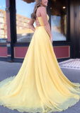 A-line Bateau Spaghetti Straps Chiffon Prom Dress with Sweep Train-27dress