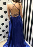 A-line Bateau Spaghetti Straps Split Prom Dress with Charmeuse Sweep Train-27dress