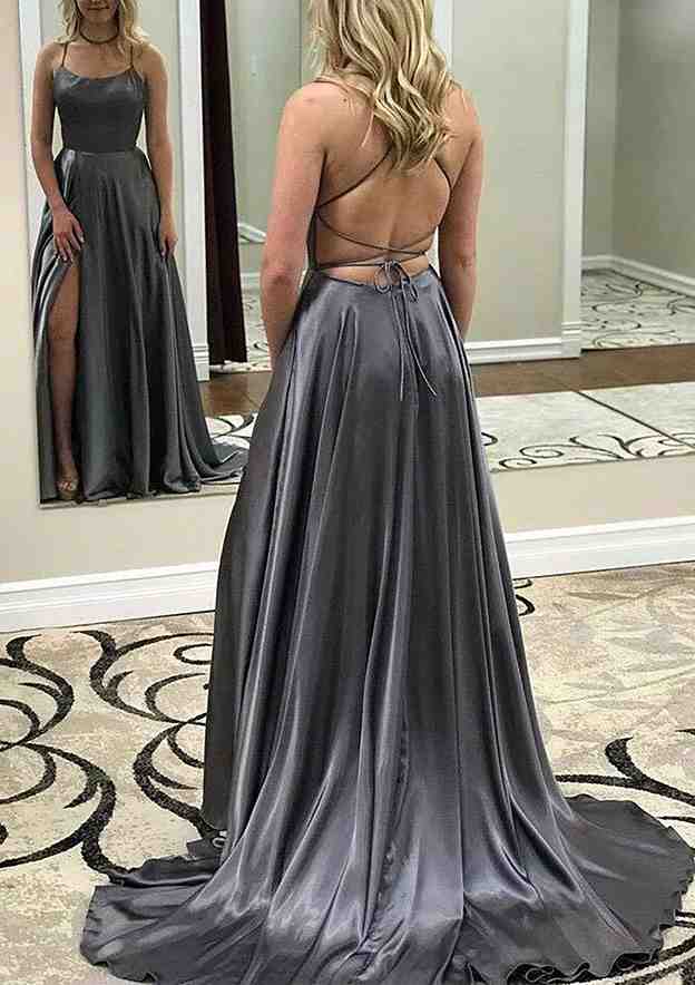 A-line Bateau Spaghetti Straps Split Prom Dress with Charmeuse Sweep Train-27dress