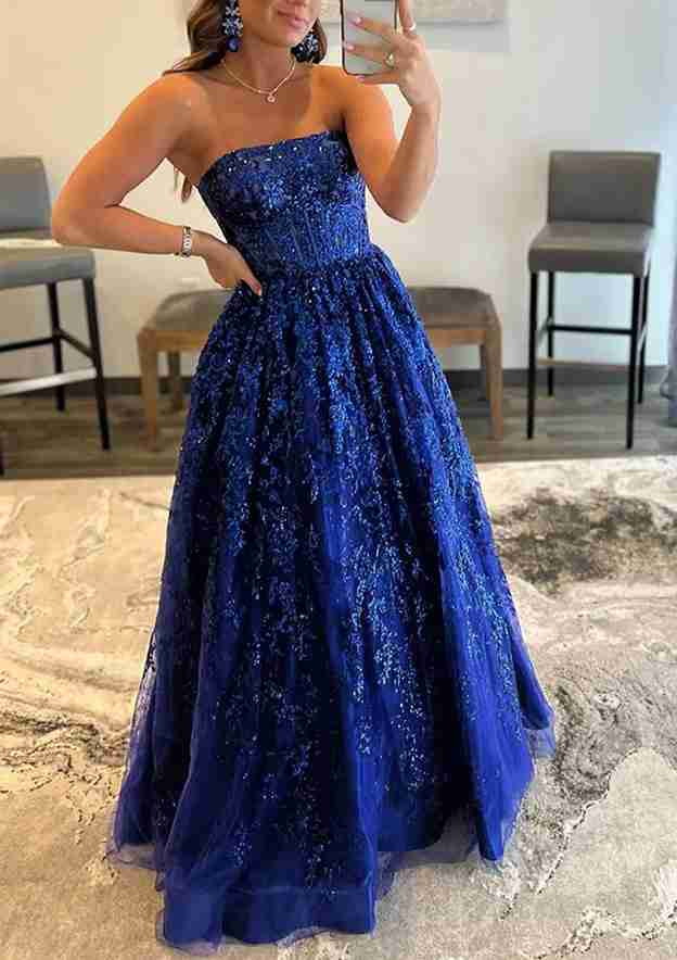 A-line Bateau Strapless Lace Prom Dress with Pockets for Special Occasions-27dress