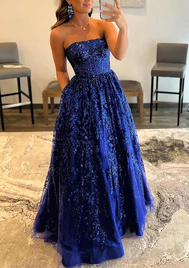 A-line Bateau Strapless Lace Prom Dress with Pockets for Special Occasions-27dress