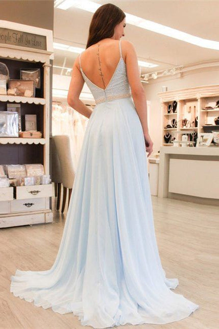 A-line Beaded V-Neck Light Blue Long Prom Dress