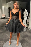 A-Line Black Glitter Short Party Dress with Feathers