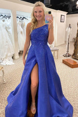 A-Line Blue One Shoulder Beaded Prom Dress