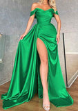 A-line Charmeuse Prom Dress with Pleated Off-the-Shoulder Sleeves-27dress