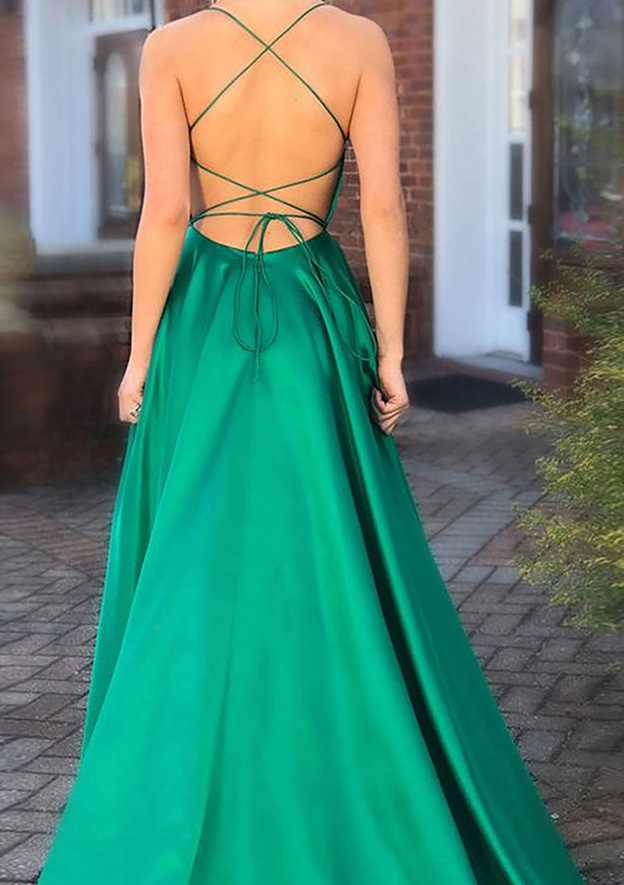 A-line Charmeuse Prom Dress with Square Neckline Spaghetti Straps Split Pockets and Sweep Train-27dress