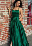 A-line Charmeuse Prom Dress with Square Neckline Spaghetti Straps Split Pockets and Sweep Train-27dress