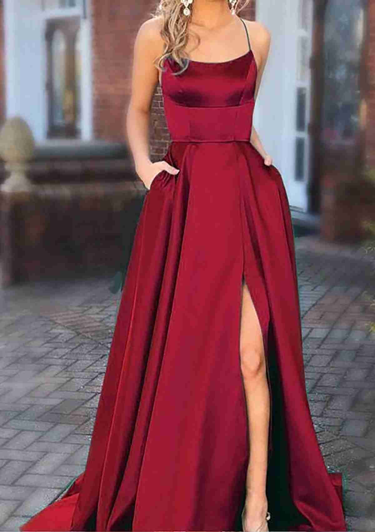 A-line Charmeuse Prom Dress with Square Neckline Spaghetti Straps Split Pockets and Sweep Train-27dress