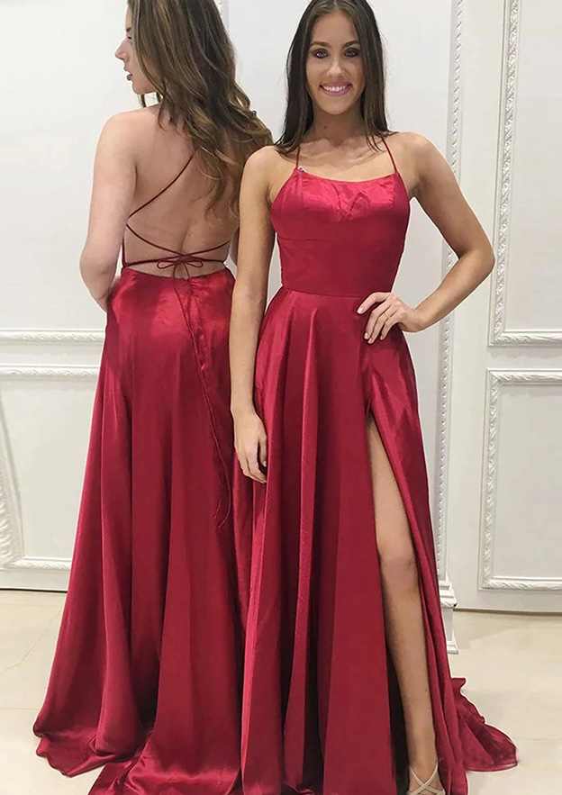 A-line Charmeuse Prom Dress with Square Neckline Spaghetti Straps Split Pockets and Sweep Train-27dress