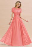 A-line Chiffon Lace Scoop Long Bridesmaid Dress with Sleeves-27Dress