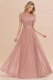 A-line Chiffon Lace Scoop Long Bridesmaid Dress with Sleeves-27Dress