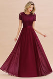 A-line Chiffon Lace Scoop Long Bridesmaid Dress with Sleeves-27Dress