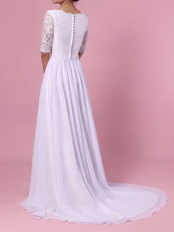 A-Line Chiffon Wedding Dress with Scoop Neck, Lace, Sashes and Sweep Train