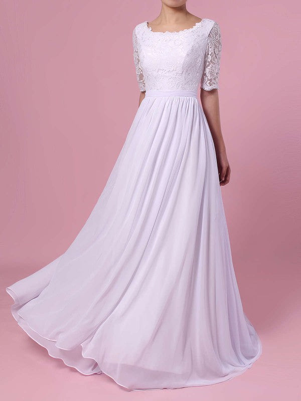 A-Line Chiffon Wedding Dress with Scoop Neck, Lace, Sashes and Sweep Train