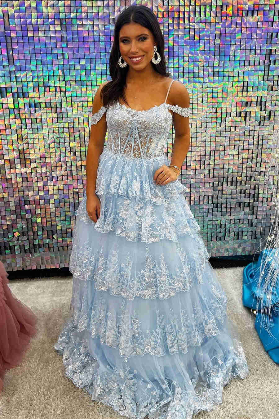 A-Line Cold Shoulder Light Blue Sequin Ruffle Tiered Prom Dress