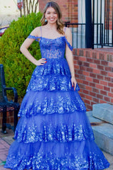 A-Line Cold Shoulder Light Blue Sequin Ruffle Tiered Prom Dress