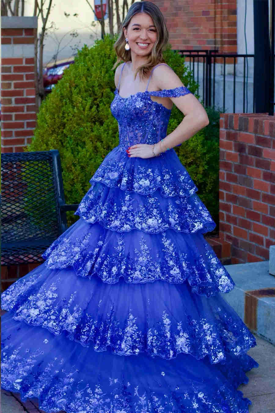 A-Line Cold Shoulder Light Blue Sequin Ruffle Tiered Prom Dress