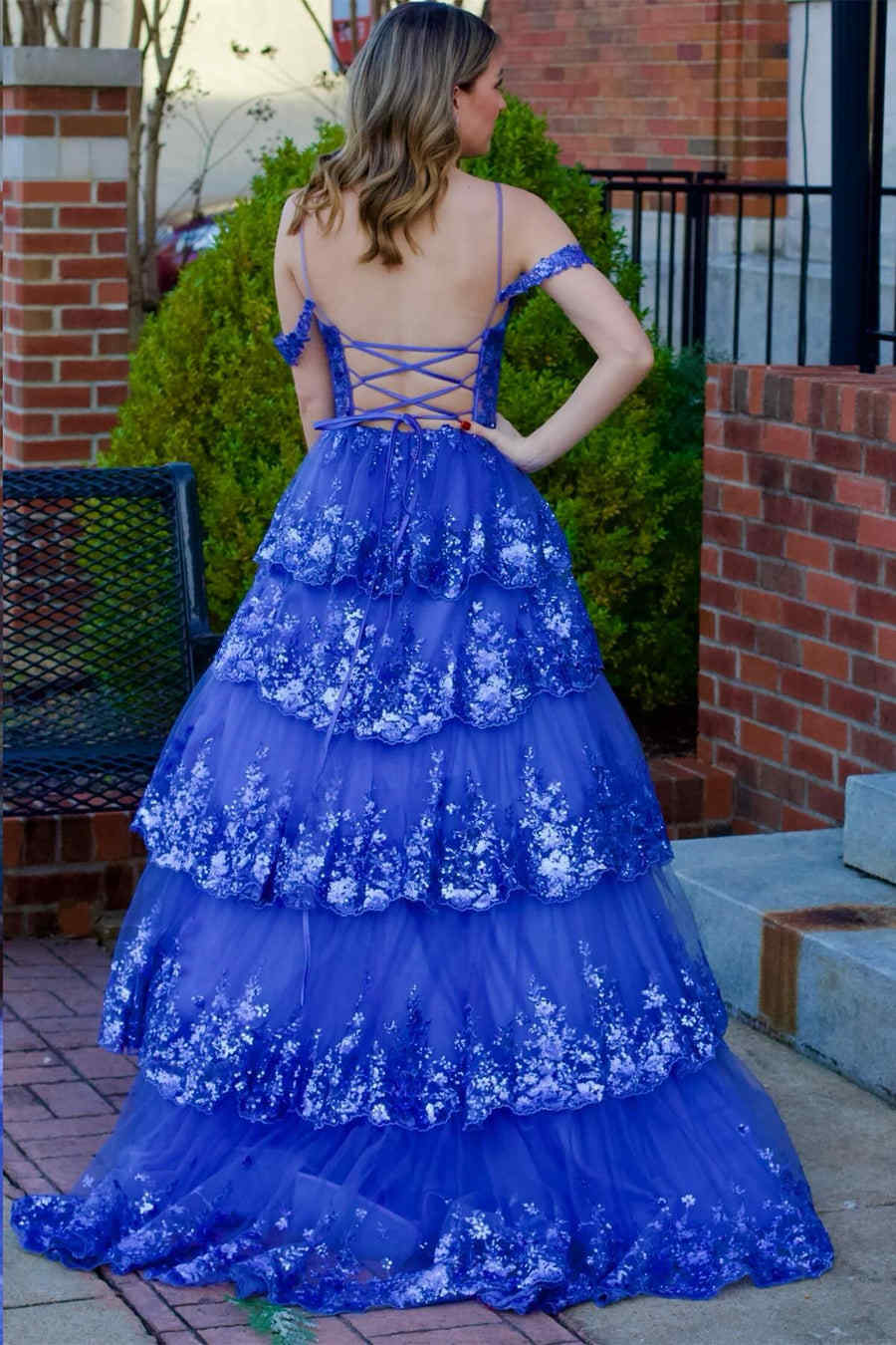 A-Line Cold Shoulder Light Blue Sequin Ruffle Tiered Prom Dress