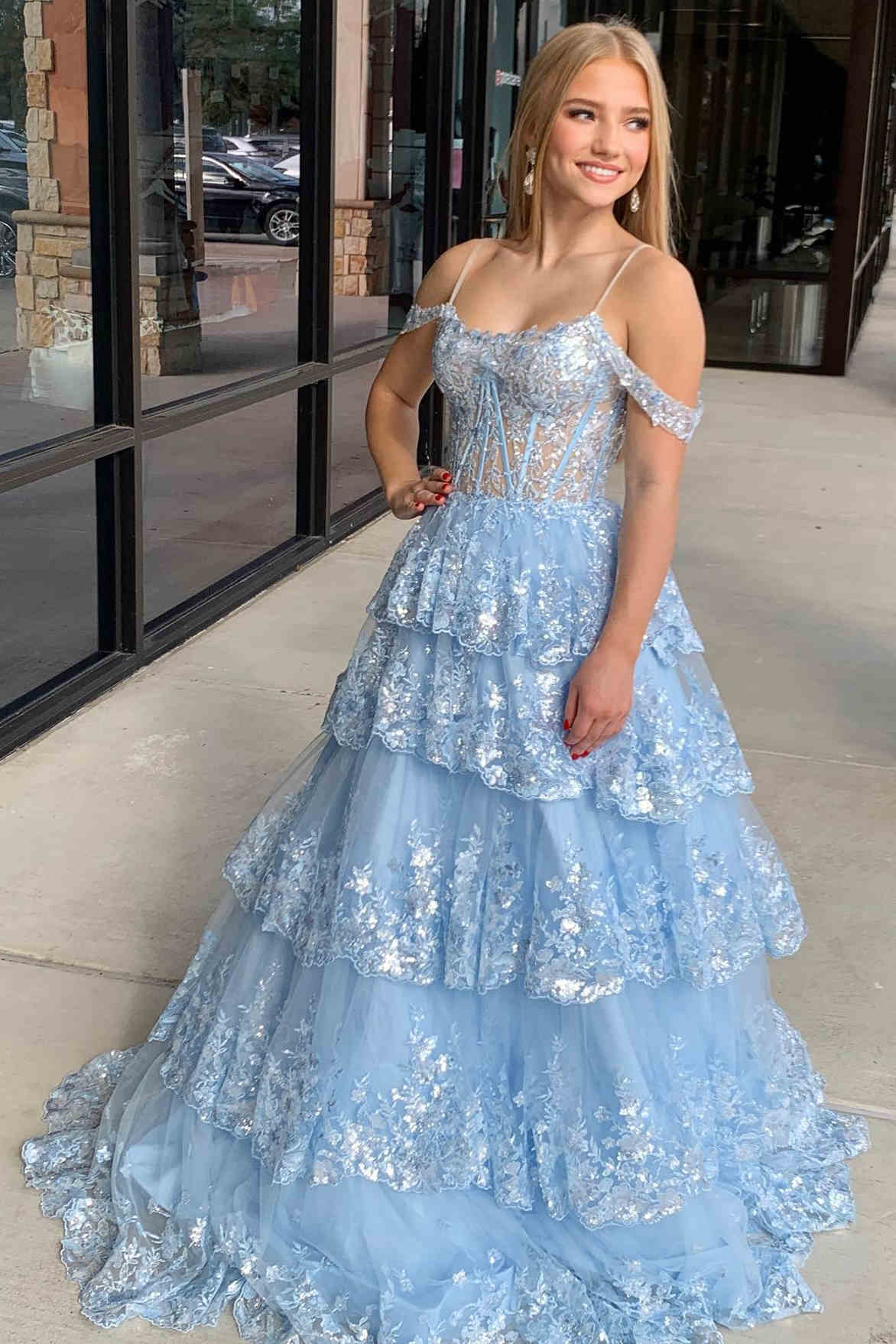 A-Line Cold Shoulder Light Blue Sequin Ruffle Tiered Prom Dress