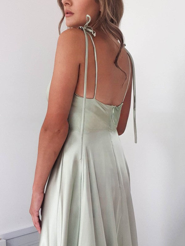 A-line Cowl Neck Satin Prom Dress with Split Front and Sweep Train