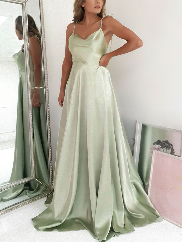 A-line Cowl Neck Satin Prom Dress with Split Front and Sweep Train