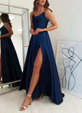 A-Line Cowl Neck Sleeveless Sweep Train Elastic Satin Prom Dress With Split Front-27dress