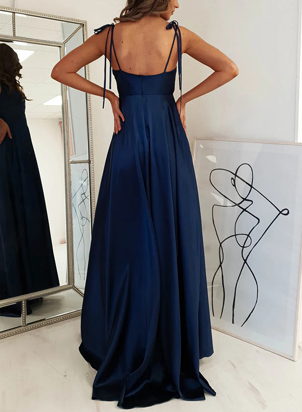 A-Line Cowl Neck Sleeveless Sweep Train Elastic Satin Prom Dress With Split Front-27dress