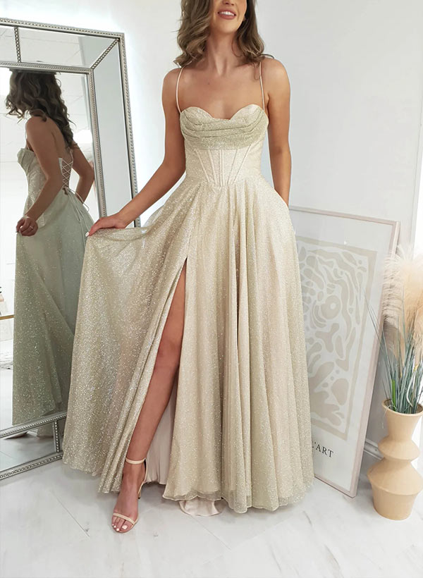 A-Line Cowl Neck Tulle Prom Dresses With Split Front/Pockets-27dress