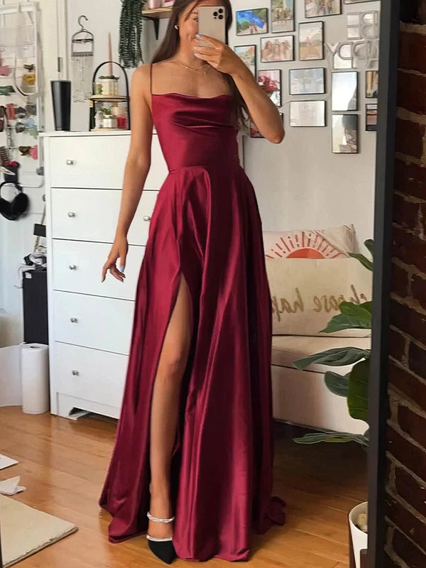 A-line Floor-length Cowl Neck Satin Split Front Prom Dresses