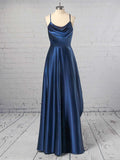 A-line Floor-length Cowl Neck Silk-like Satin Split Front Prom Dresses