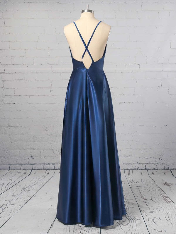 A-line Floor-length Cowl Neck Silk-like Satin Split Front Prom Dresses