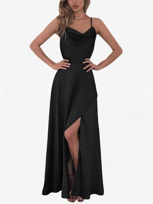 A-line Floor-length Cowl Neck Silk-like Satin Split Front Prom Dresses