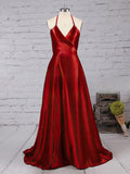 A-line Floor-length Halter Silk-like Satin Split Front Prom Dresses