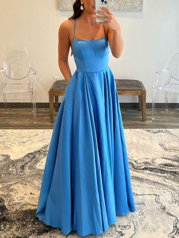 A-line Floor-length Prom Dress with Square Neckline and Satin Pockets