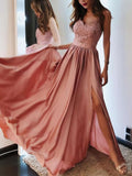 A-line Floor-length V-neck Satin Prom Dress with Lace Appliques