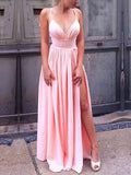 A-line Floor-length V-neck Satin Prom Dress with Split Front