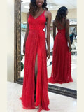 A-line Floor-length V-neck Sequined Split Front Prom Dresses