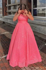 A-Line Glitter Hot Pink One Shoulder Formal Dress