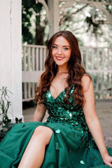 A-Line Green V-Neck Sequins Long Prom Dress